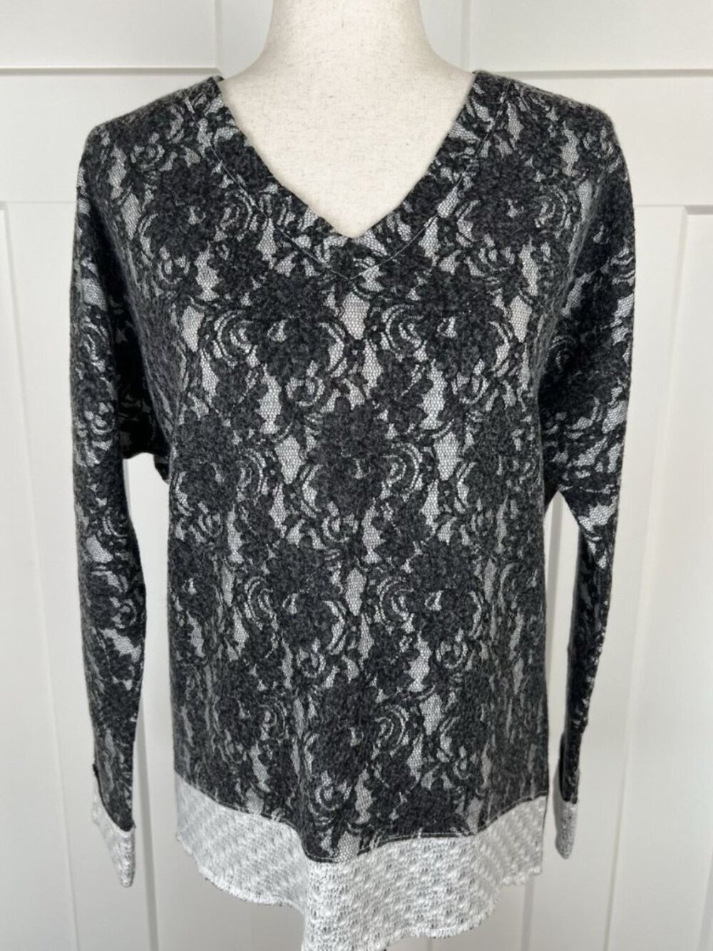 Kut From The Kloth S Lace Overlay Knit Top Gray Long Sleeve Layered Look NWT